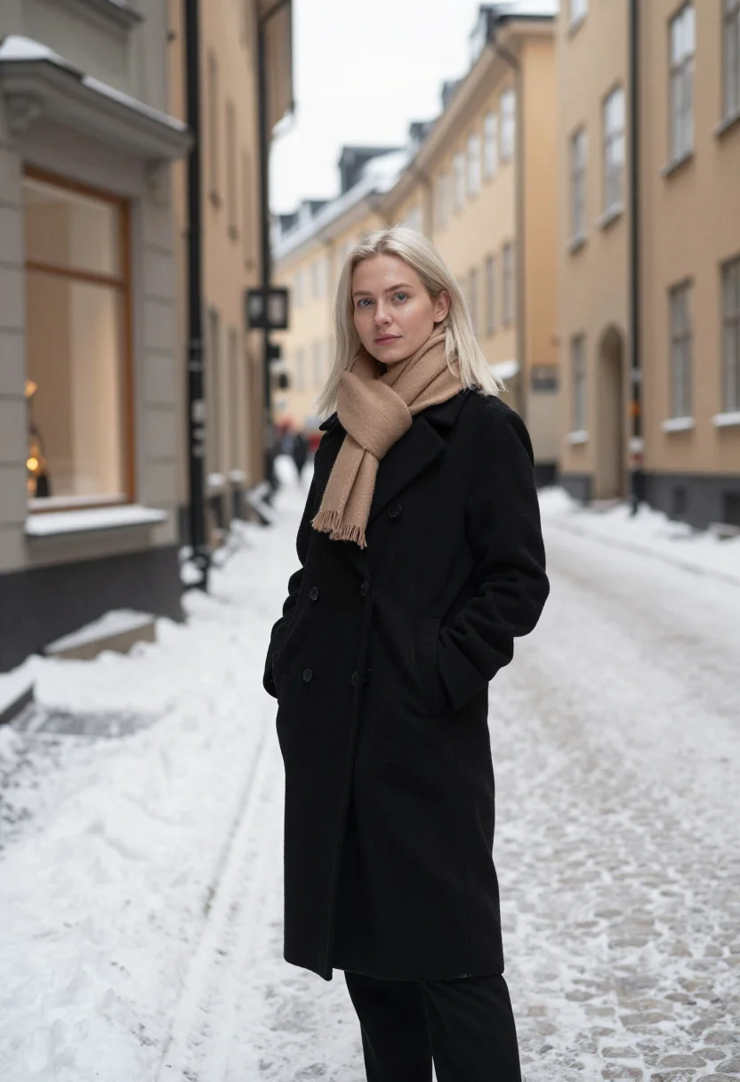 AI toteme stockholm snow camel sample — portrait of a woman, framed three-quarter length from the cr