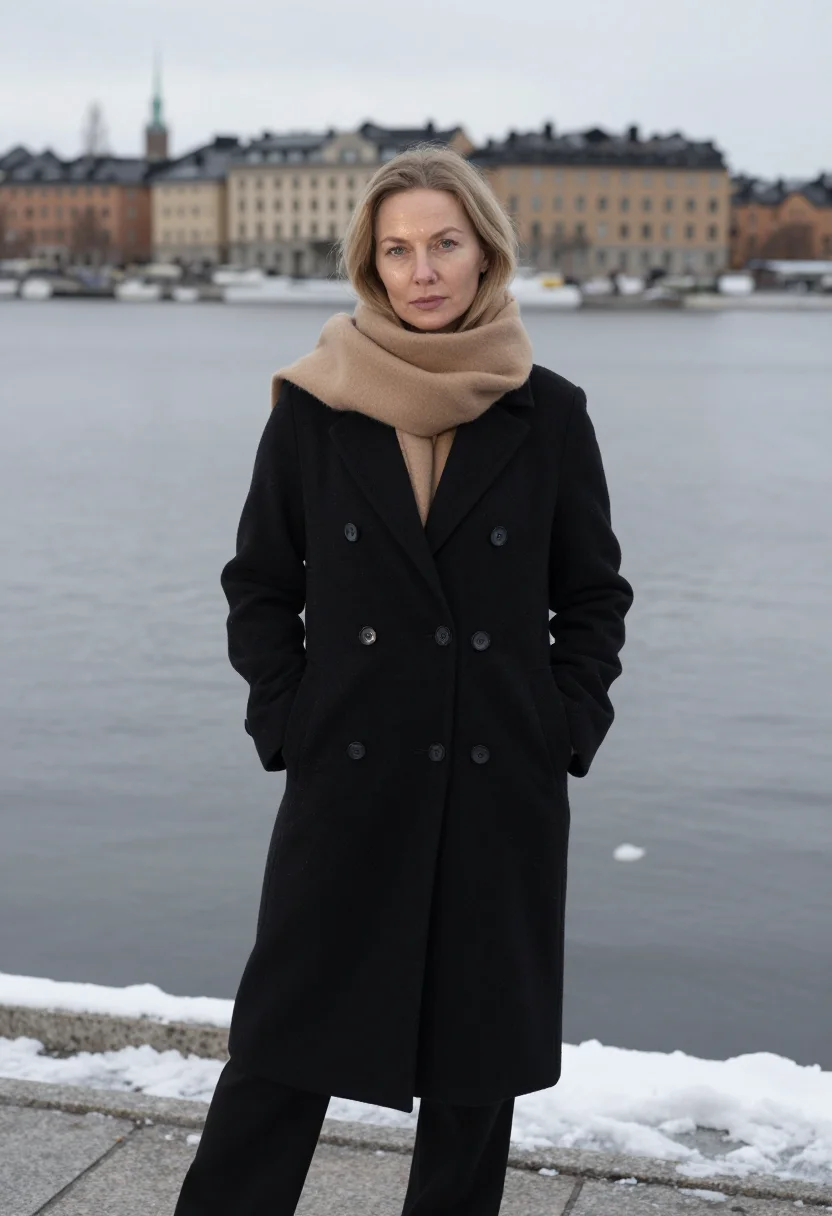 AI toteme stockholm snow camel sample — portrait of a woman, framed half-length from the crown to th
