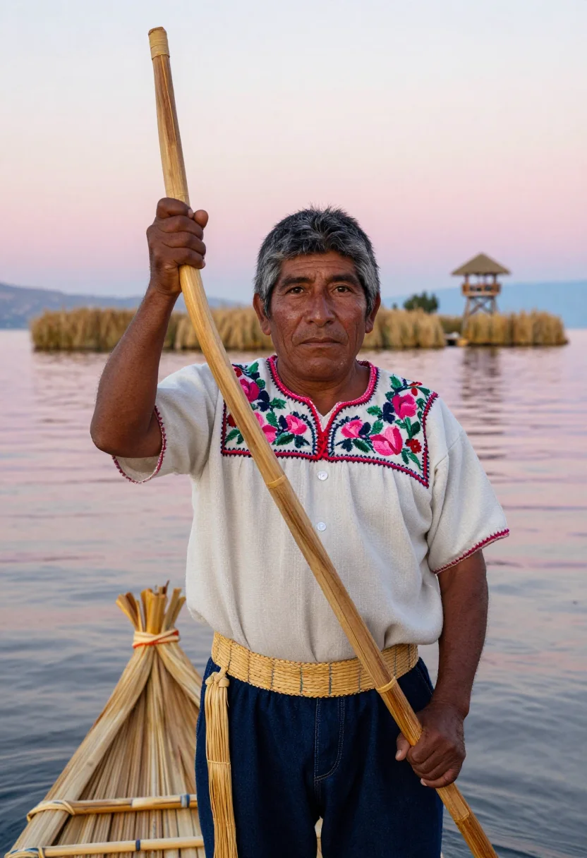 AI totora sample — portrait of an islander, half-length portrait of an Aymara m