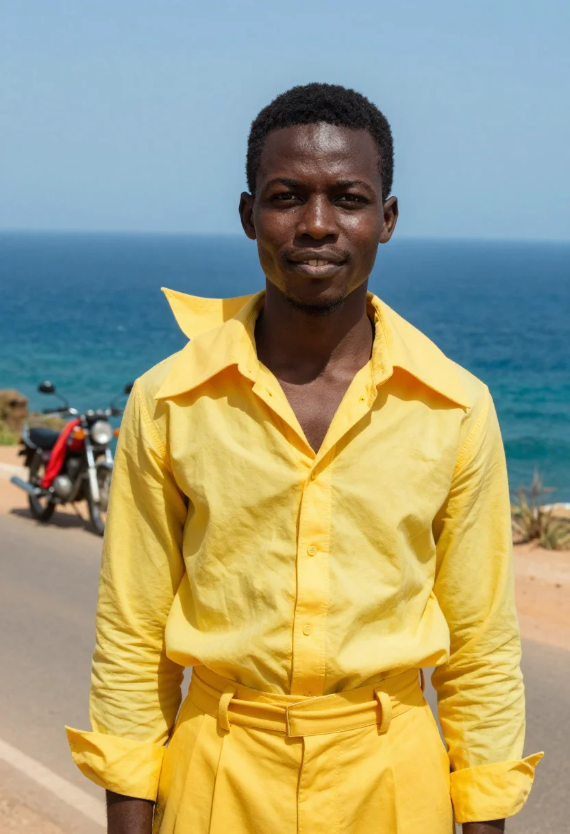 AI touki bouki dakar motorbike 1973 palette sample — portrait of a man, a Senegalese man in his early twenties wi