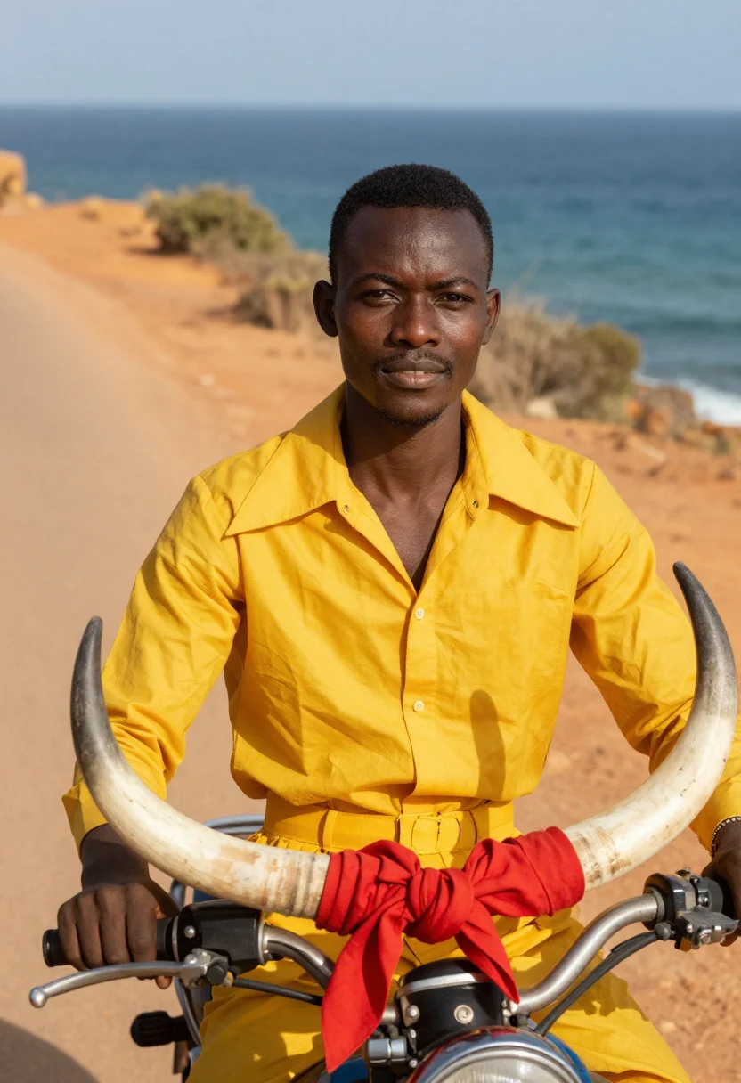 AI touki bouki dakar motorbike 1973 palette sample — portrait of a man, a Guinean man in his mid-twenties with de