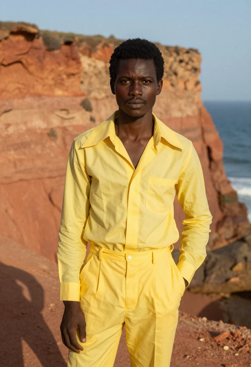 AI touki bouki dakar motorbike 1973 palette sample — portrait of a man, a Senegalese man in his late twenties wit