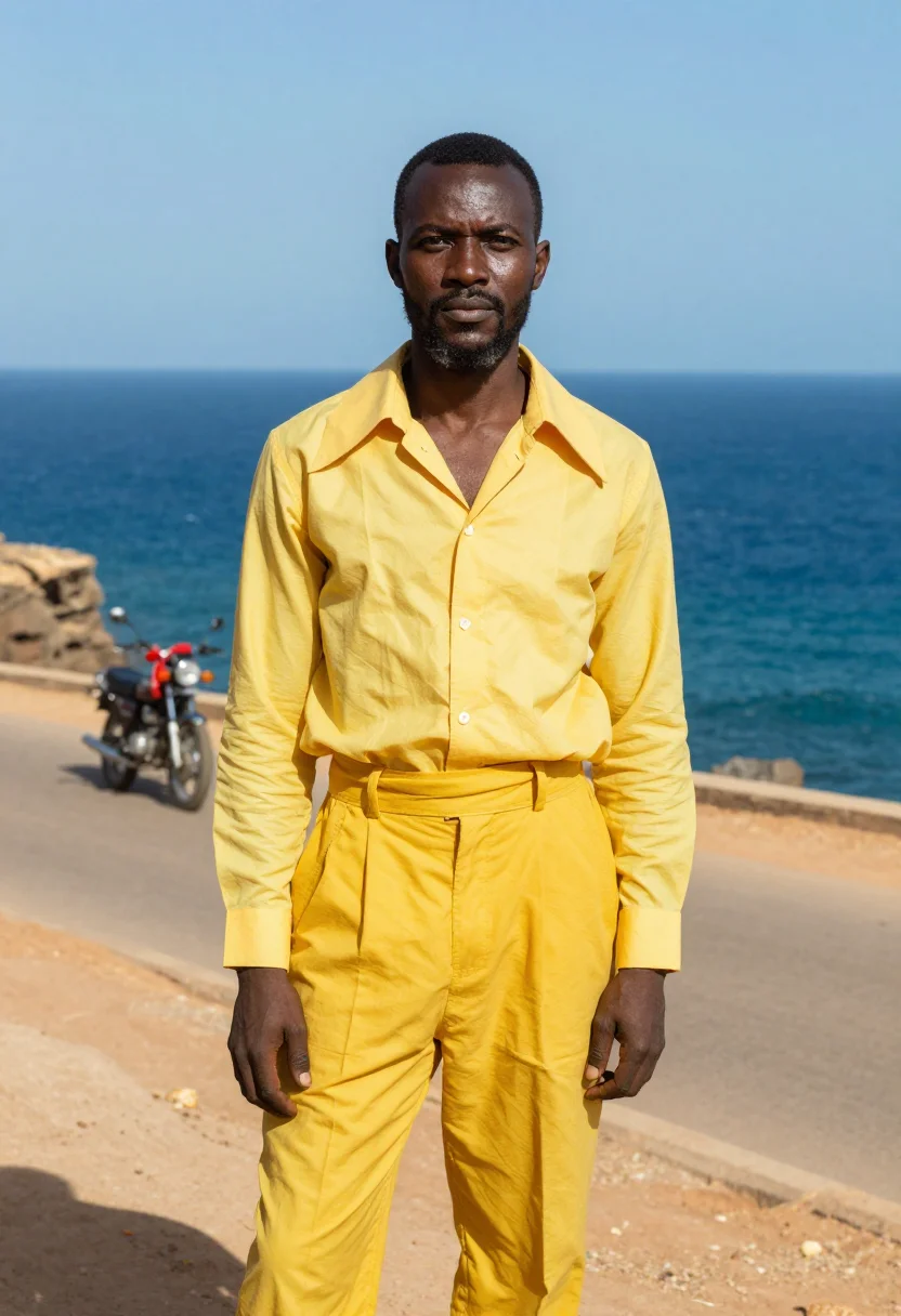 AI touki bouki dakar motorbike 1973 palette sample — portrait of a man, a Senegalese man in his late thirties wit