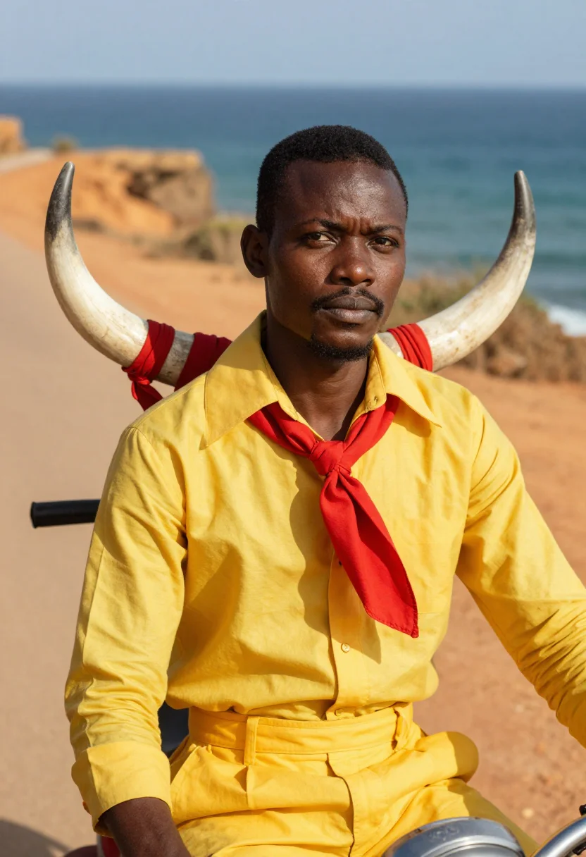 AI touki bouki dakar motorbike 1973 palette sample — portrait of a man, a Senegalese man in his early thirties wi