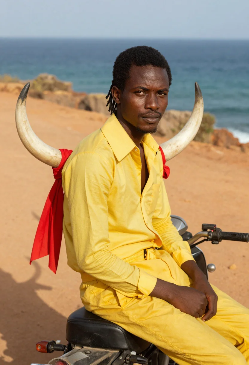 AI touki bouki dakar motorbike 1973 palette sample — portrait of a man, a Senegalese man in his late twenties wit