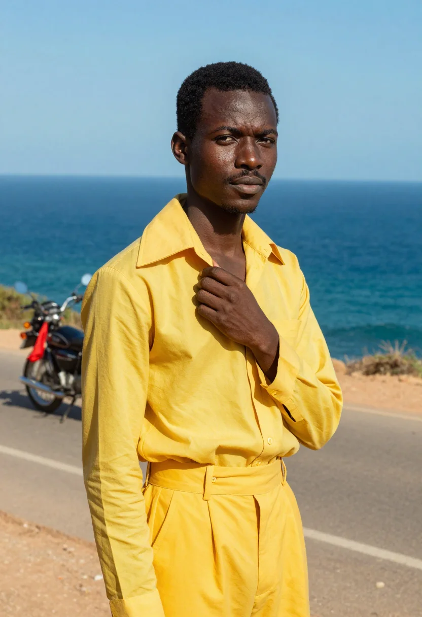 AI touki bouki dakar motorbike 1973 palette sample — portrait of a man, a Malian man in his early thirties with d