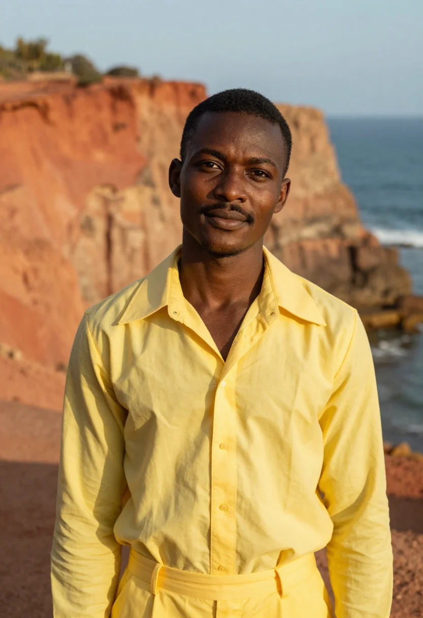 AI touki bouki dakar motorbike 1973 palette sample — portrait of a man, a Senegalese man in his early twenties wi