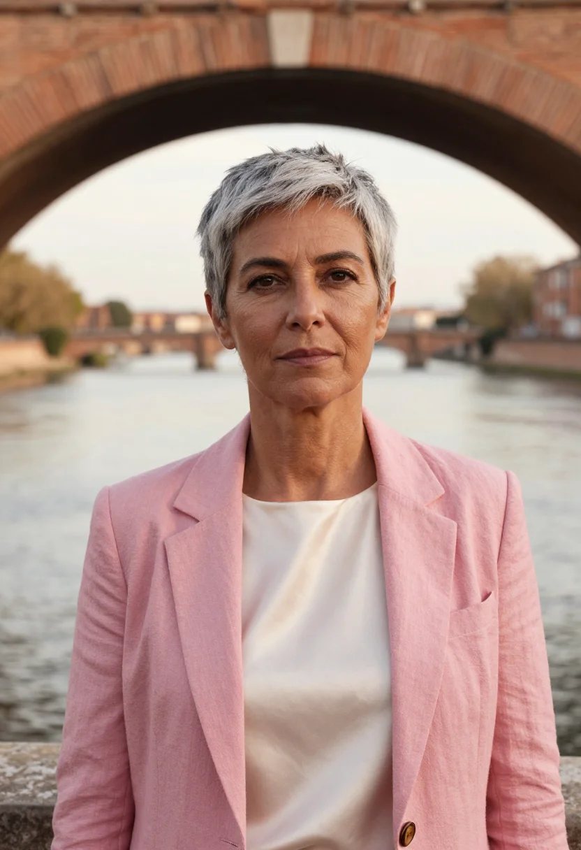 AI toulouse ville rose professor pink brick sample — portrait of a woman, in her mid-fifties, with warm olive ski