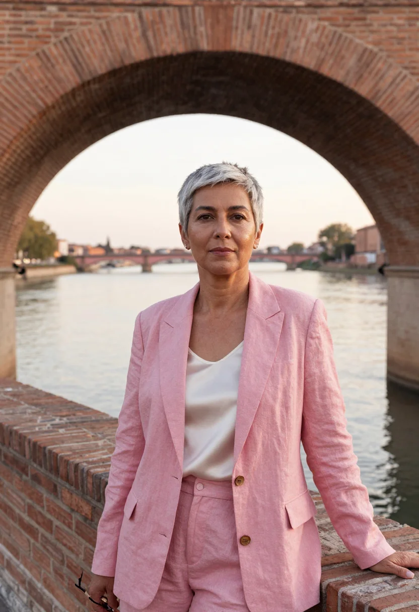 AI toulouse ville rose professor pink brick sample — portrait of a woman, in her mid-fifties, with warm olive ski