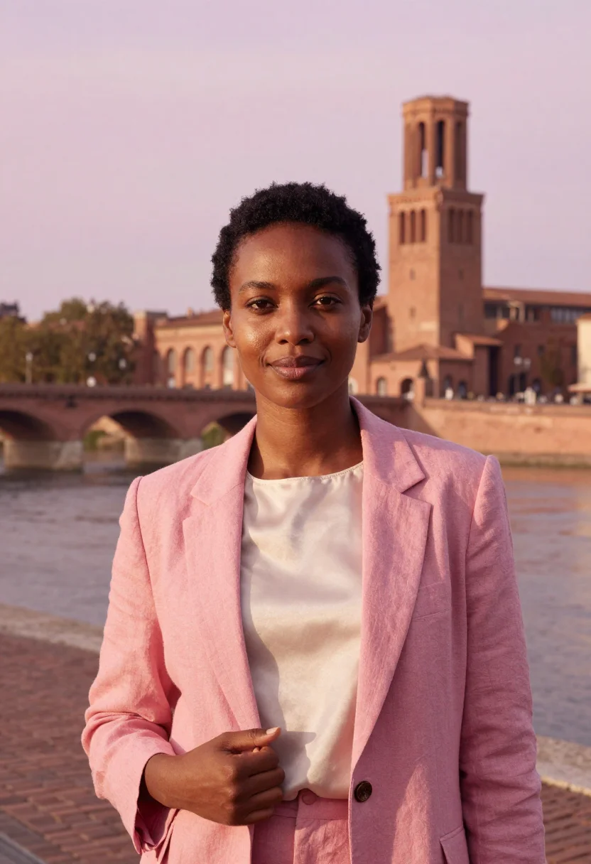 AI toulouse ville rose professor pink brick sample — portrait of a woman, in her late thirties, Black French, wit