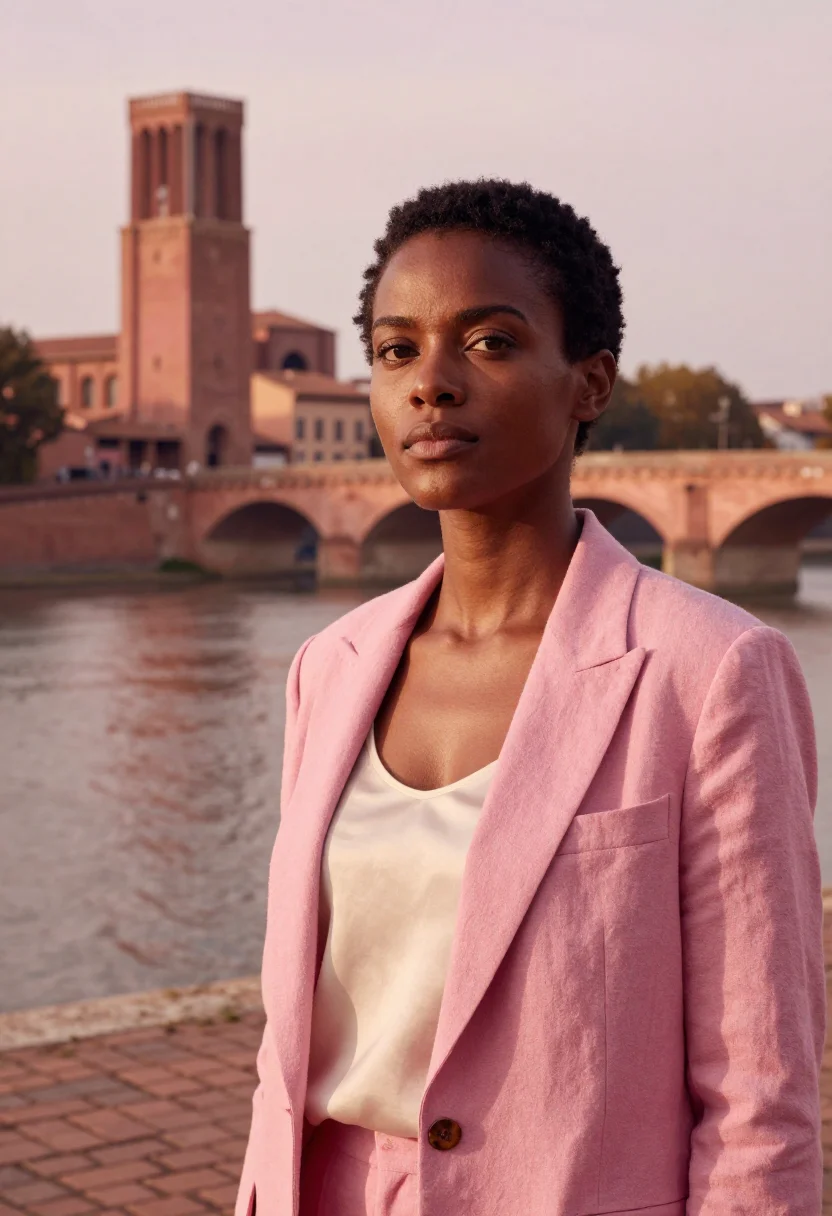 AI toulouse ville rose professor pink brick sample — portrait of a woman, in her late thirties, Black French, wit