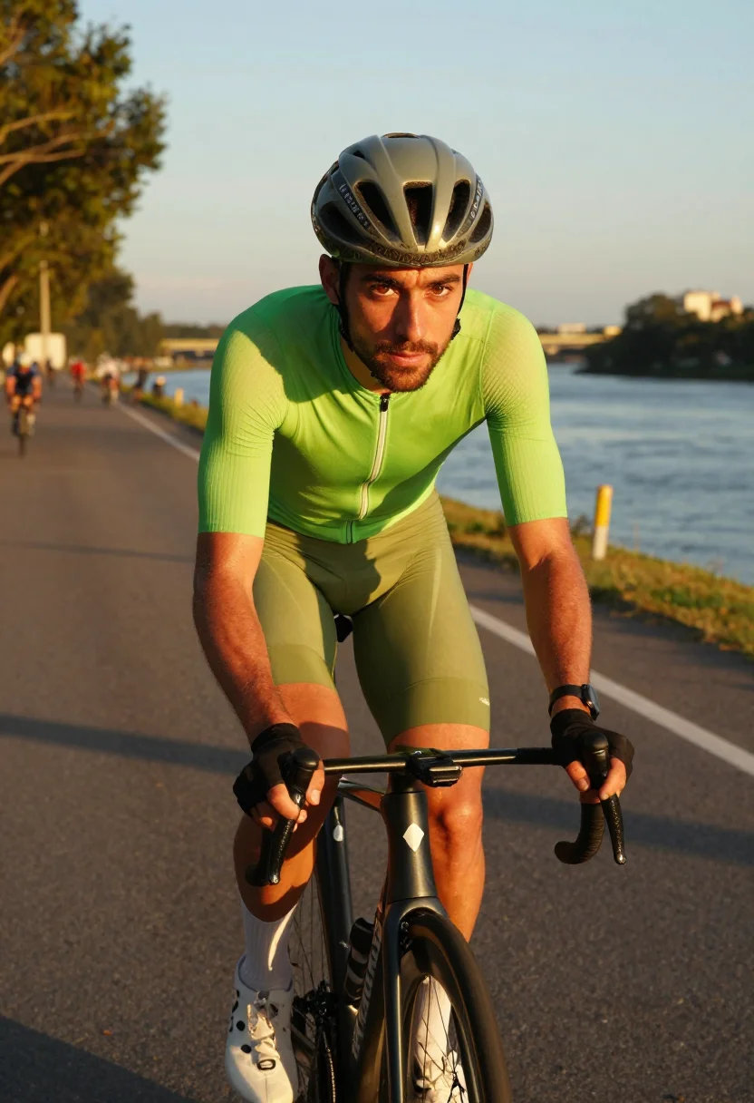 AI tour cyclist sample — half-length racing portrait of the green jersey launching of