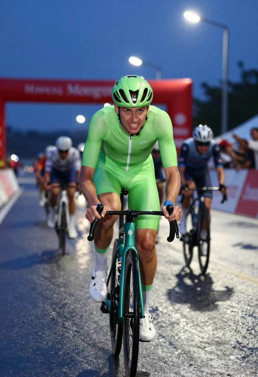AI tour cyclist sample — half-length racing portrait of the green-jersey rider mid-sp