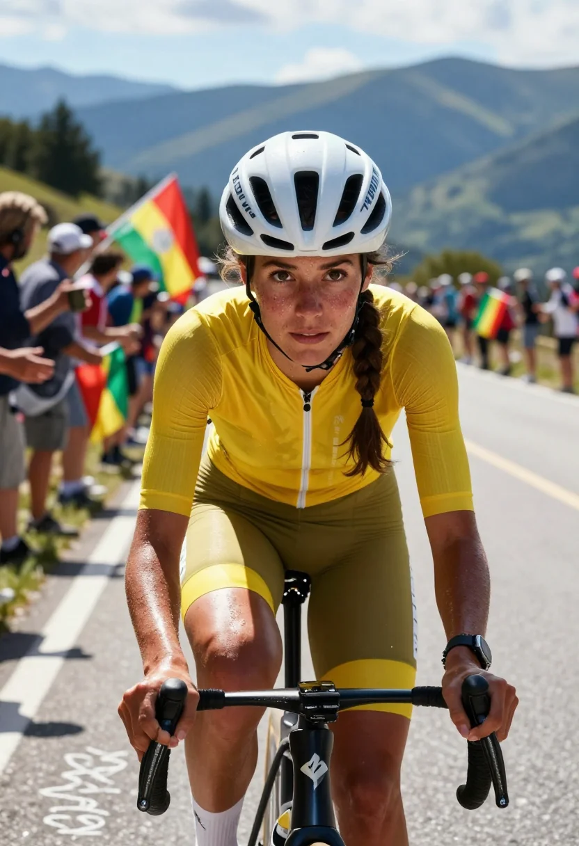 AI tour cyclist sample — half-length racing portrait of the women's race leader drivi