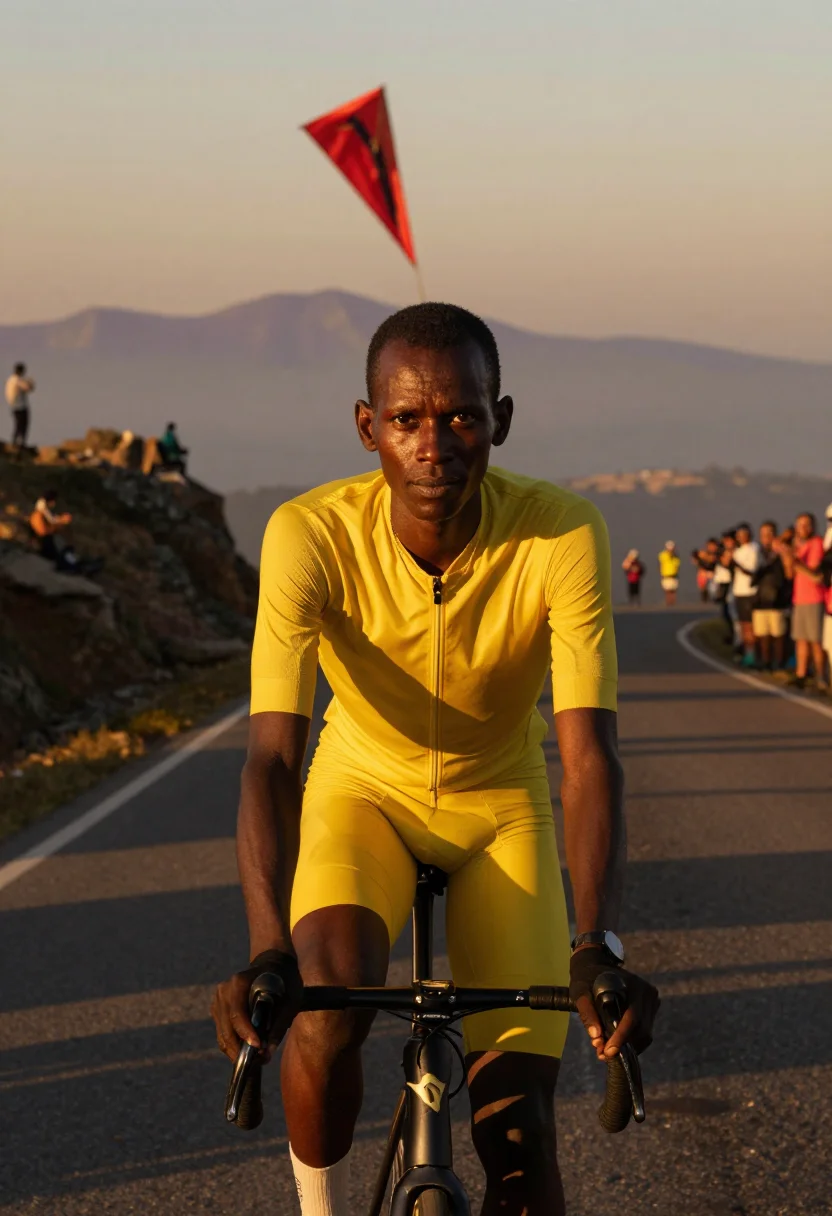 AI tour cyclist sample — half-length racing portrait of the race leader alone on the