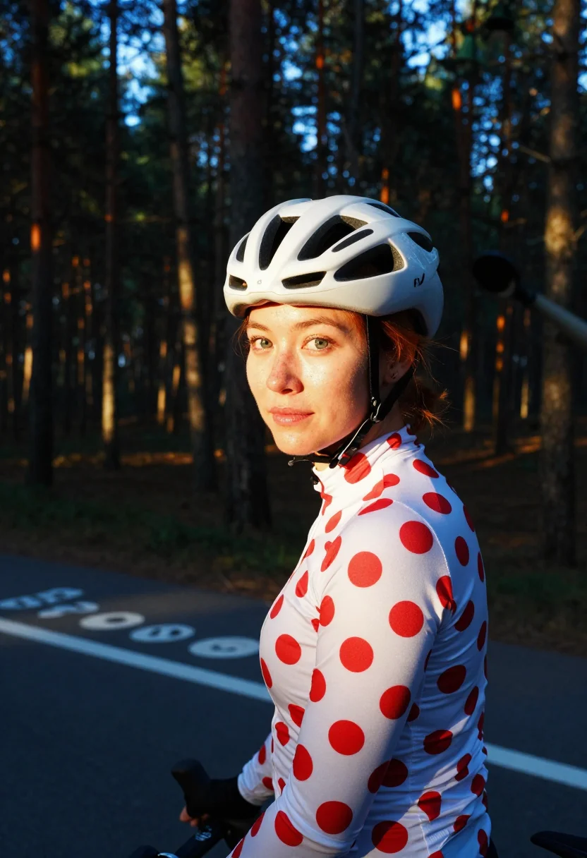 AI tour cyclist sample — half-length racing portrait of the polka-dot jersey climbing