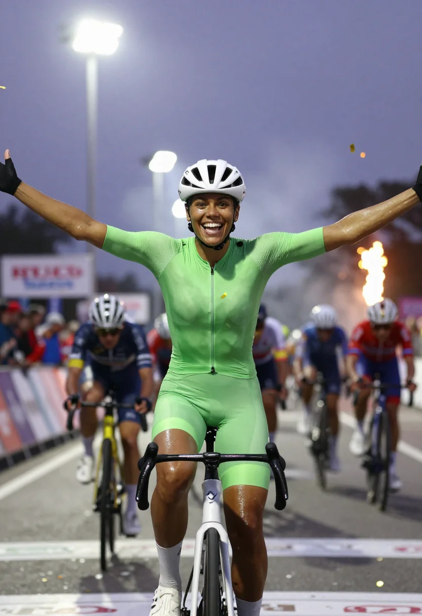 AI tour cyclist sample — half-length racing portrait of the green-jersey rider crossi