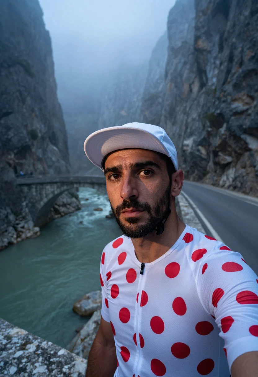 AI tour cyclist sample — half-length racing portrait of the lone breakaway climber de