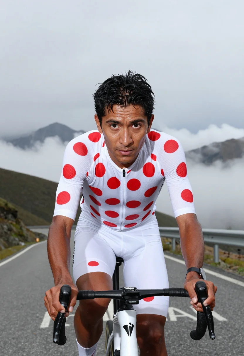 AI tour cyclist sample — half-length racing portrait of the breakaway climber above t