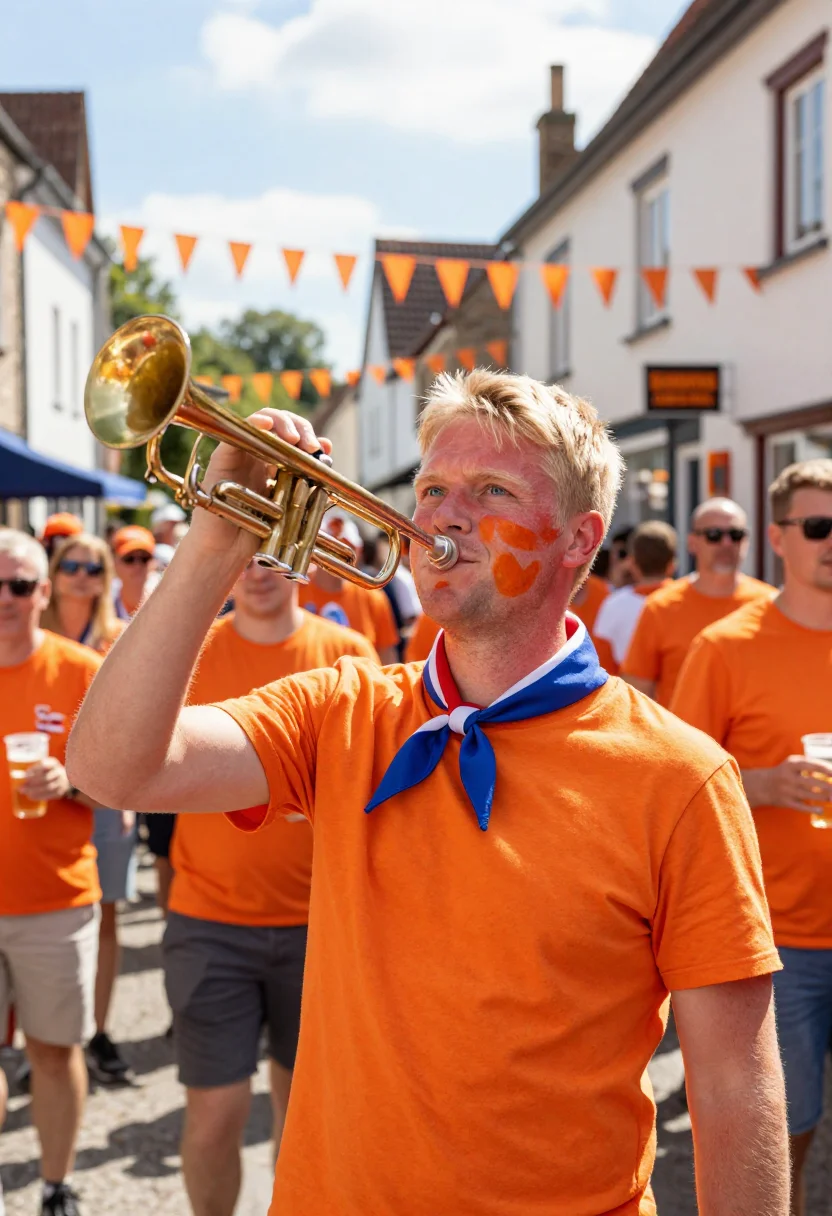 AI tour supporter sample — candid half-length supporter portrait in a packed village st