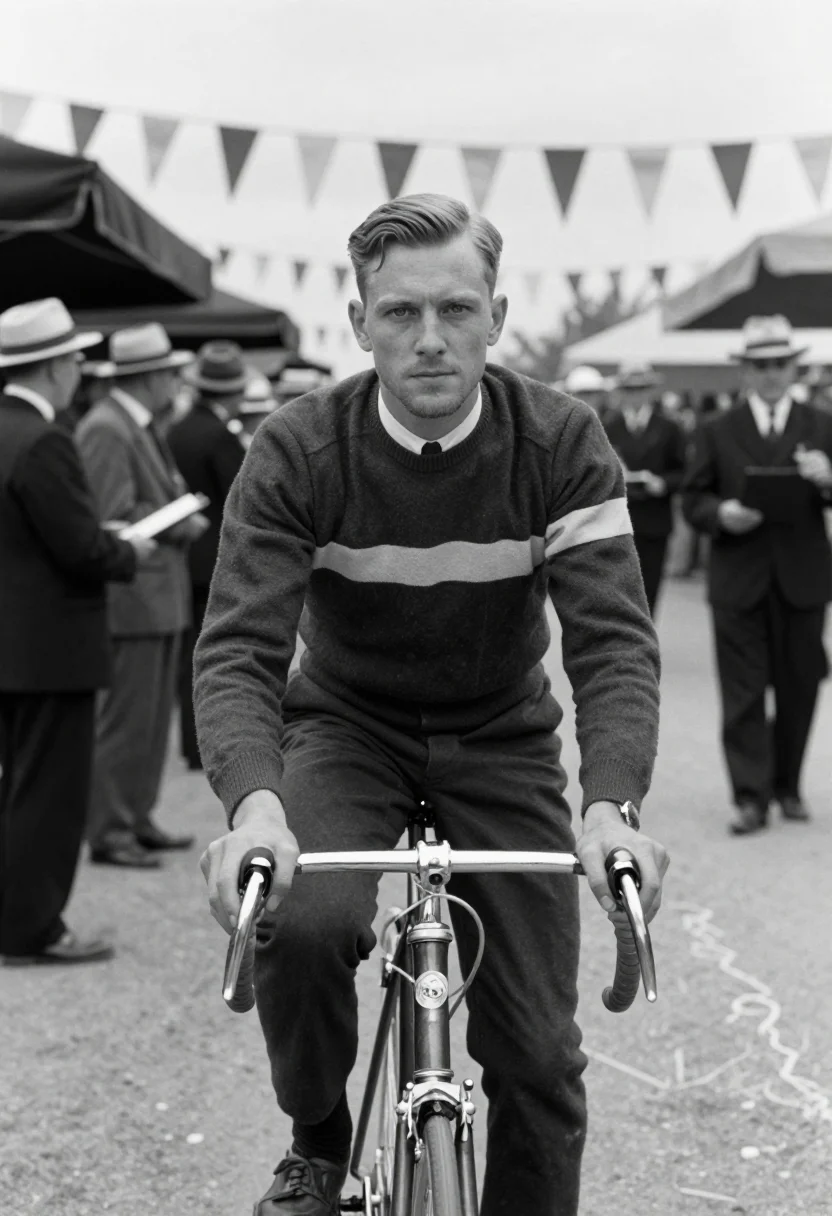 AI tour vintage sample — black-and-white half-length press portrait of a heroic-era T
