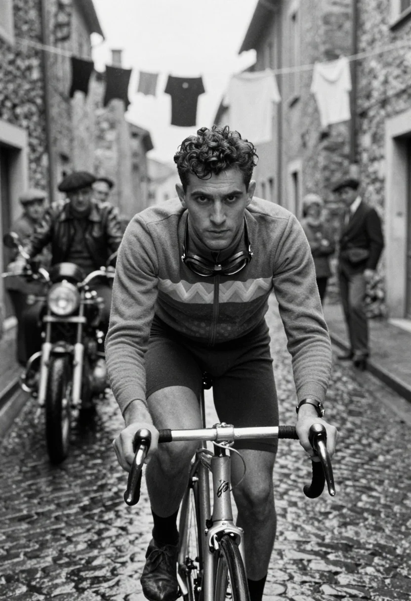 AI tour vintage sample — black-and-white half-length press portrait of a heroic-era T