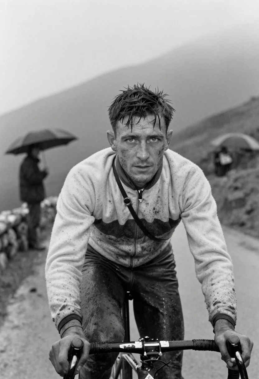 AI tour vintage sample — black-and-white half-length press portrait of a heroic-era T