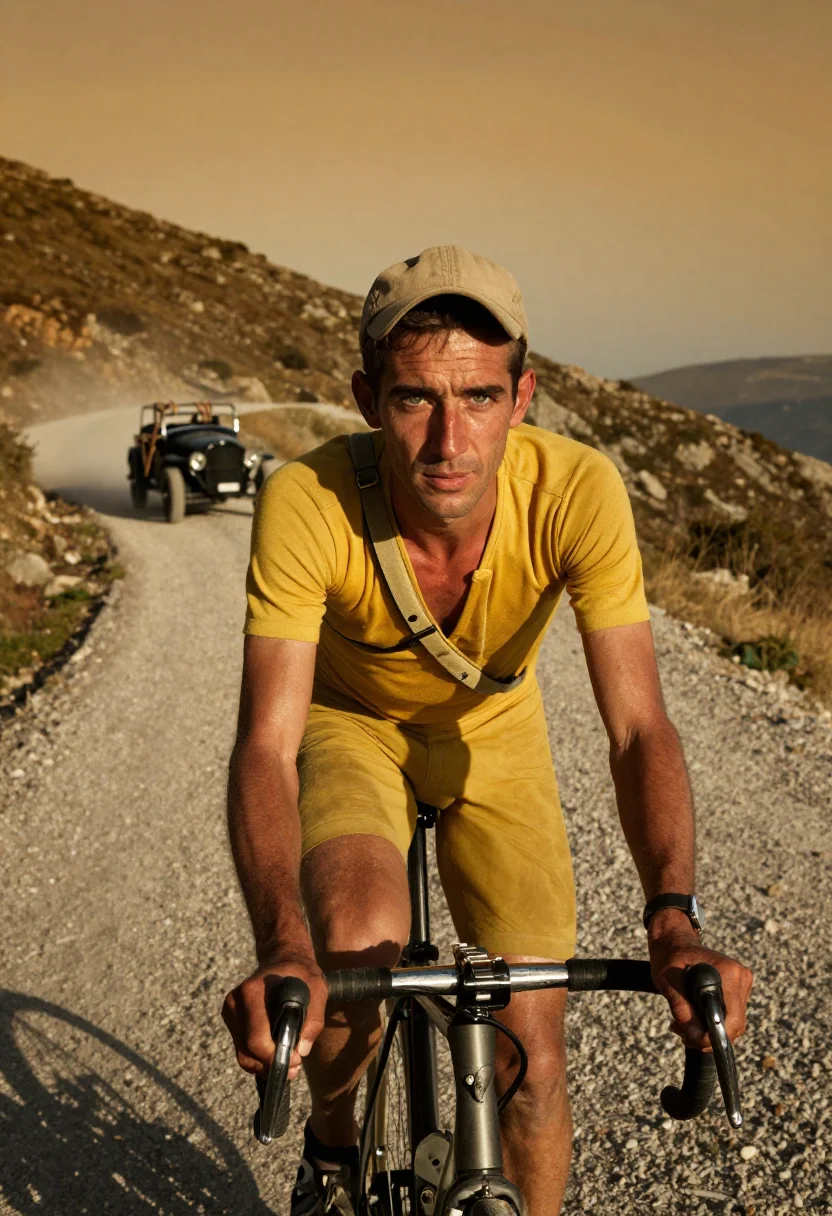 AI tour vintage sample — half-length period racing portrait of the yellow jersey alon