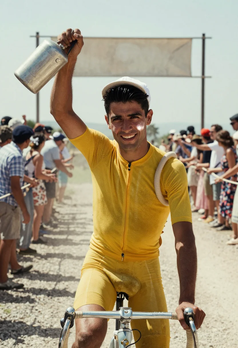 AI tour vintage sample — half-length period racing portrait of the yellow jersey cres