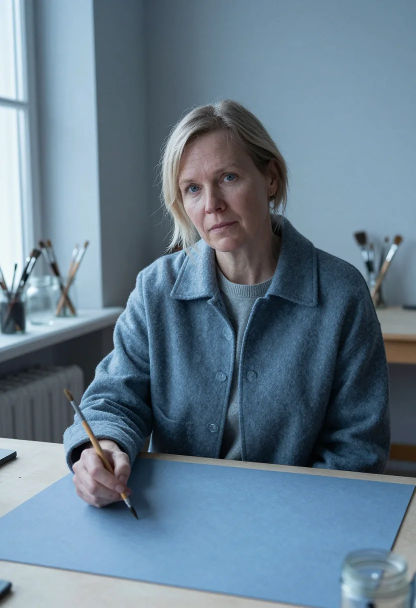 AI tove jansson ullanlinna tower january sample — portrait of a woman, framed chest-up, cropped at the ribs, t