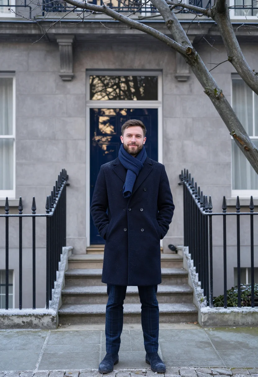 AI townhouse navy door sample — portrait of a man, framed tight, head and shoulders, the bod