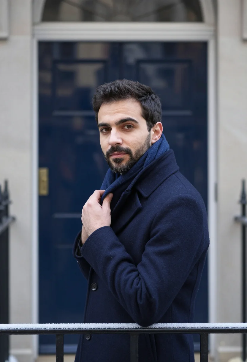 AI townhouse navy door sample — portrait of a man, framed chest-up, cropped at the ribs, the