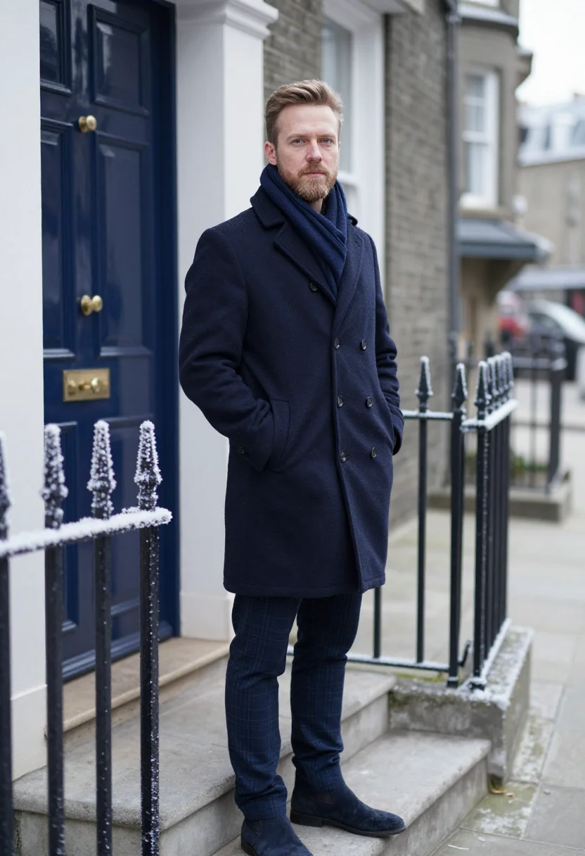 AI townhouse navy door sample — portrait of a man, framed tight, head and shoulders, the bod