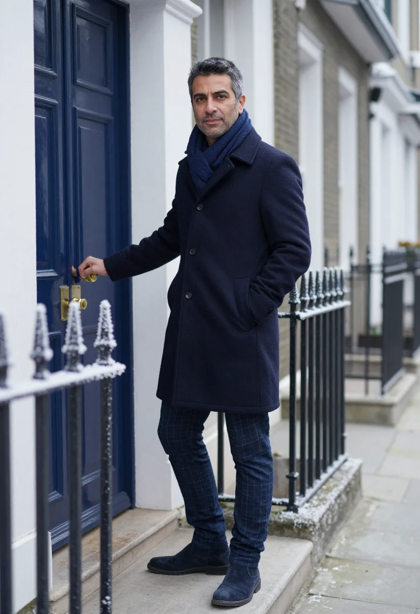 AI townhouse navy door sample — portrait of a man, framed chest-up, cropped at the ribs, the