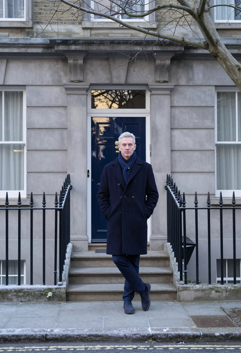 AI townhouse navy door sample — portrait of a man, framed wide from across the street, the w