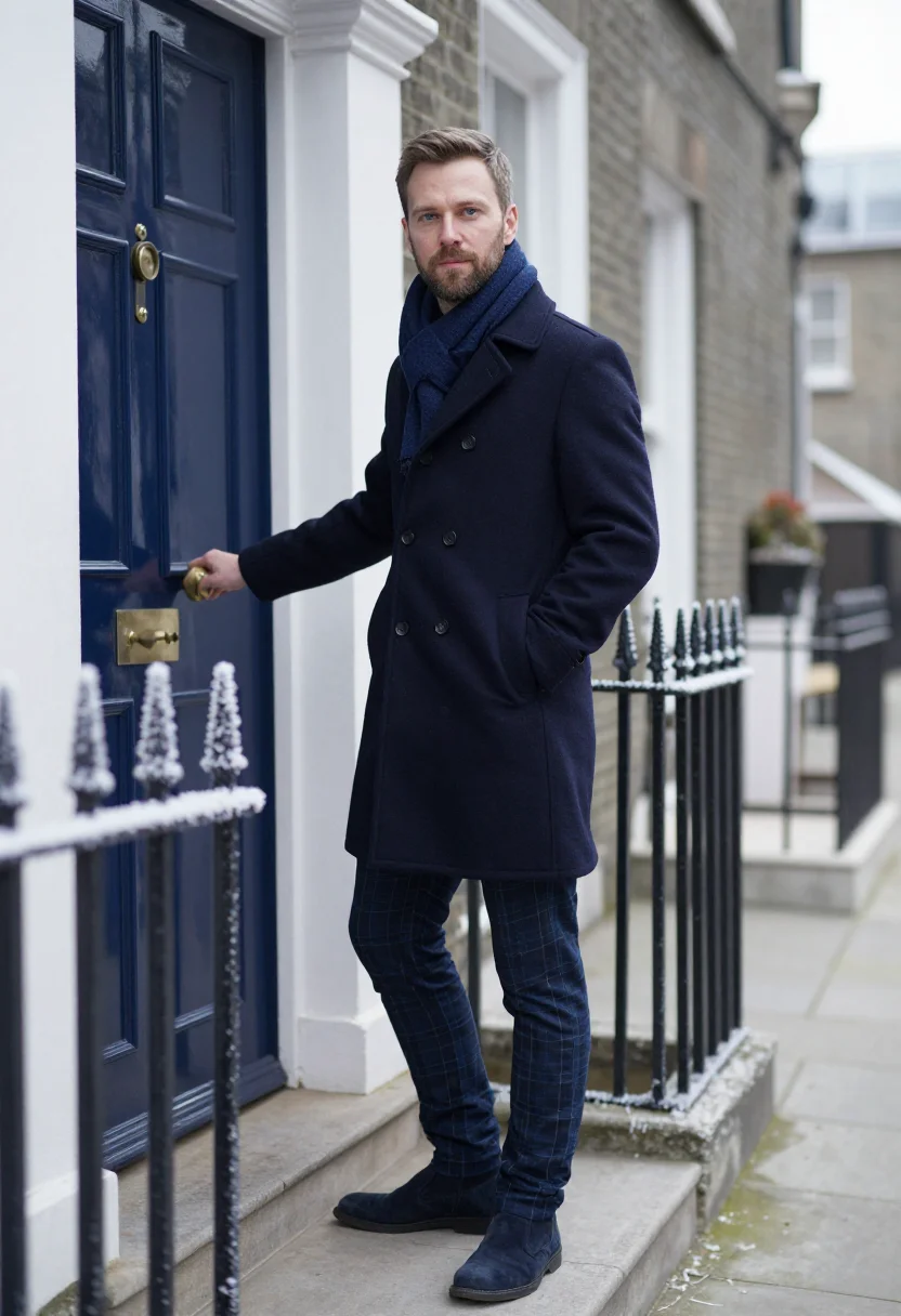AI townhouse navy door sample — portrait of a man, framed three-quarter length from the head