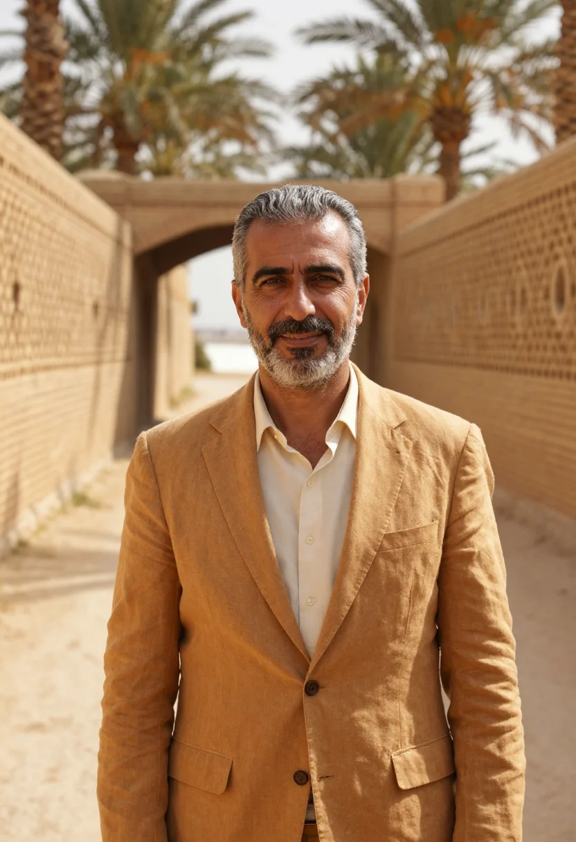 AI tozeur palm estate director patterned brick sample — portrait of a man, a palm estate director in his mid-fifties