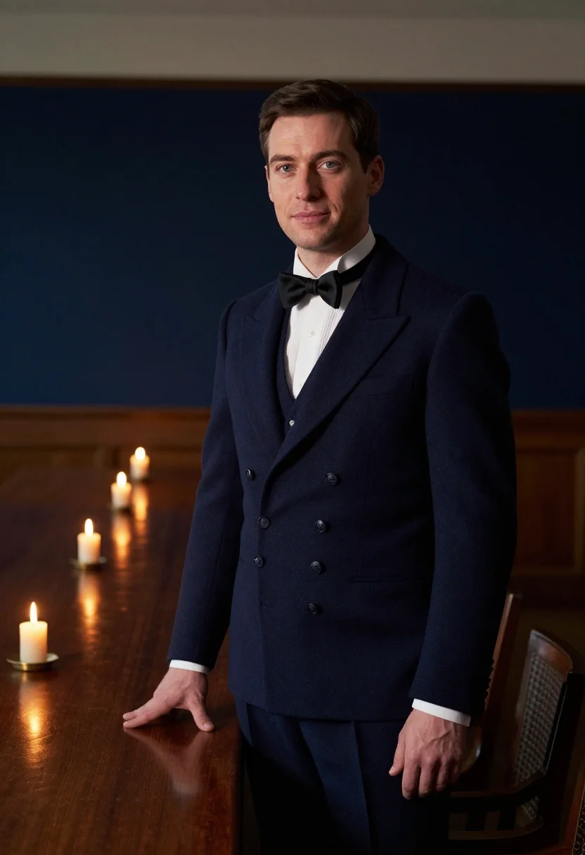 AI trafalgar night mess dress navy sample — portrait of a man, framed half-length from the head to the h