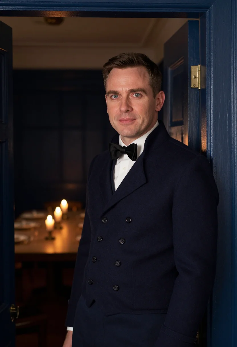 AI trafalgar night mess dress navy sample — portrait of a man, framed tight, head and shoulders, the bod