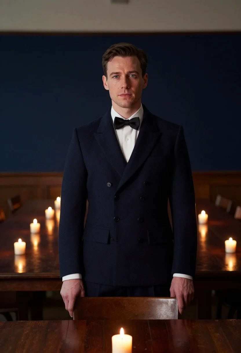 AI trafalgar night mess dress navy sample — portrait of a man, framed chest-up, the camera at eye level