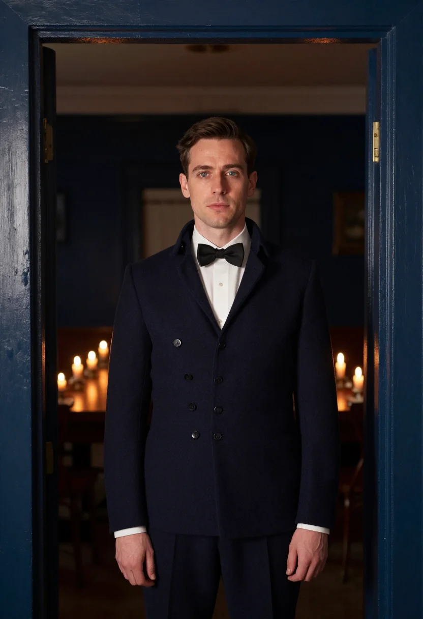 AI trafalgar night mess dress navy sample — portrait of a man, framed chest-up, the camera at eye level