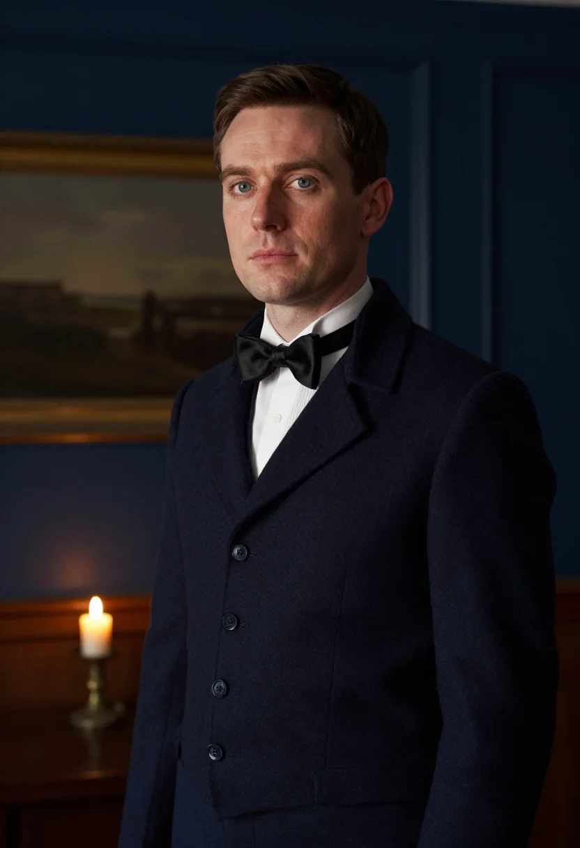 AI trafalgar night mess dress navy sample — portrait of a man, framed chest-up, the camera at eye level