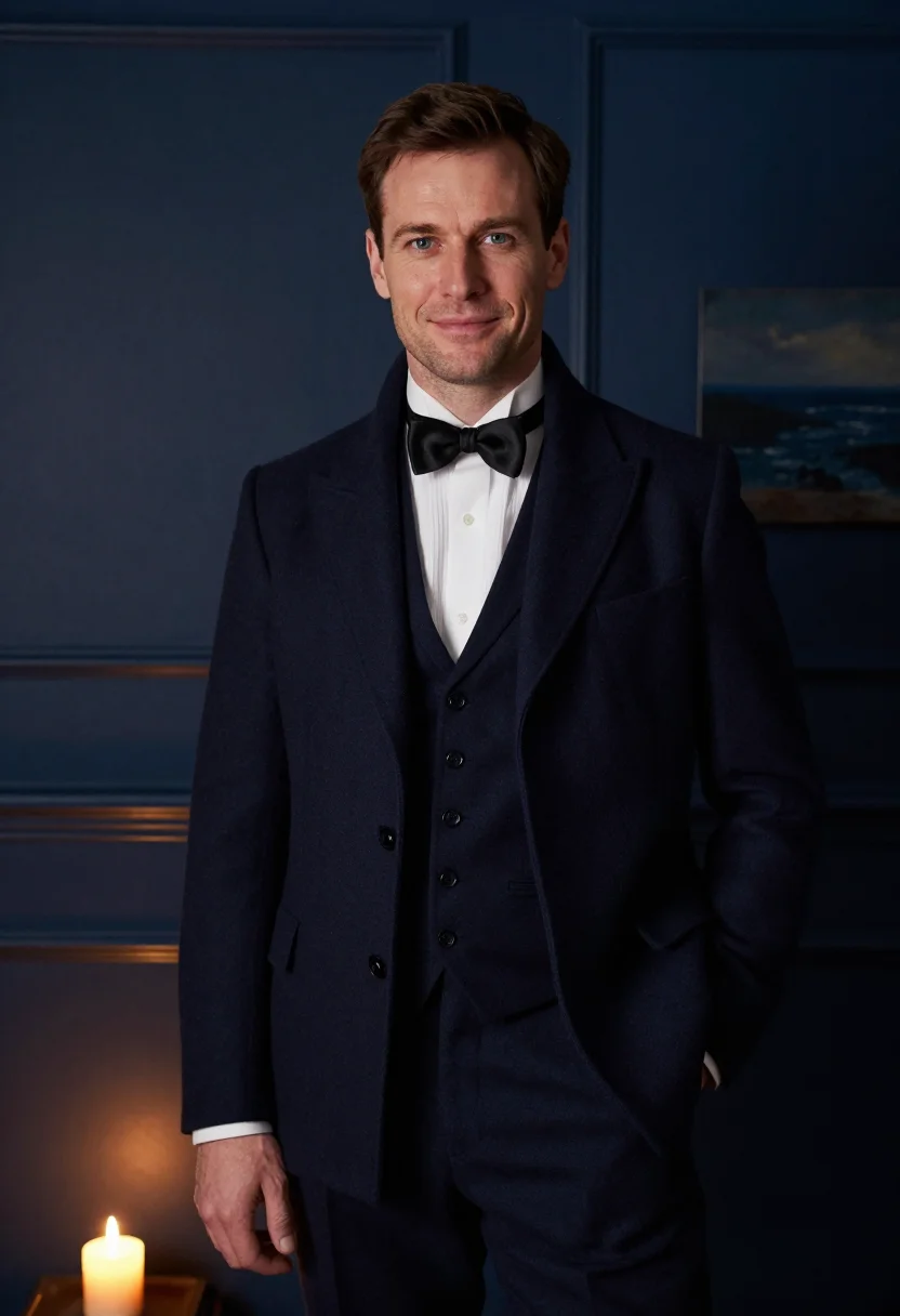 AI trafalgar night mess dress navy sample — portrait of a man, framed half-length from the head to the h