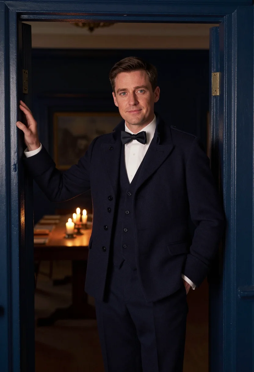 AI trafalgar night mess dress navy sample — portrait of a man, framed half-length from the head to the h