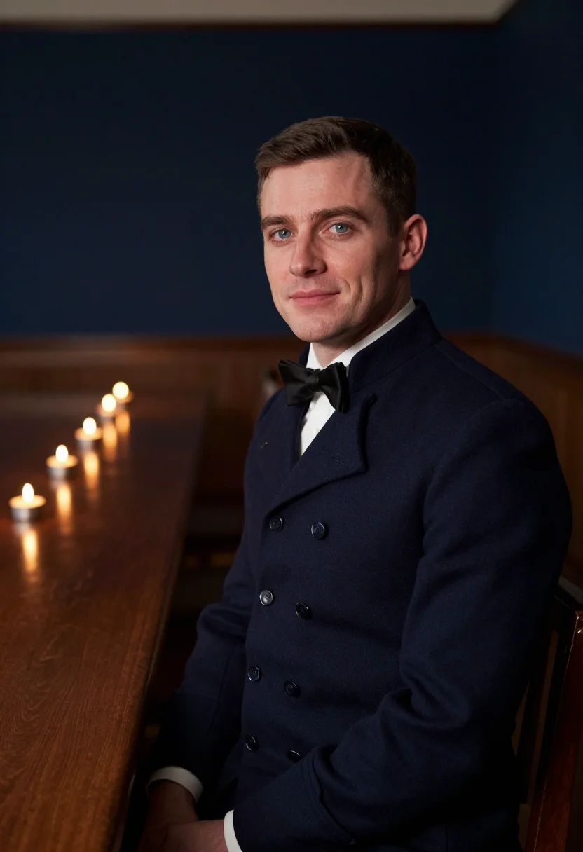 AI trafalgar night mess dress navy sample — portrait of a man, framed tight, head and shoulders, the bod