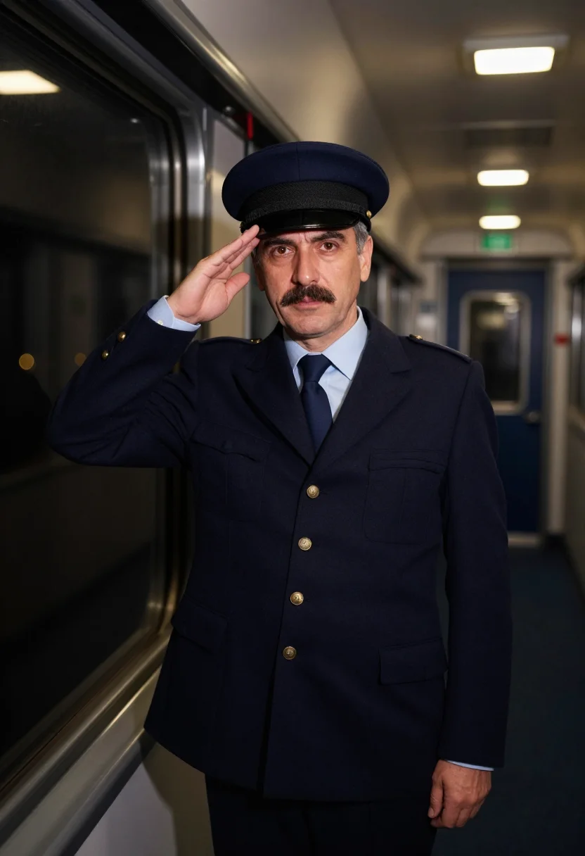 AI train conductor navy cap sample — portrait of a man, framed chest-up, the camera at eye level
