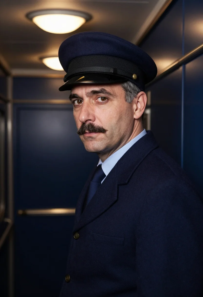 AI train conductor navy cap sample — portrait of a man, framed tight, head and shoulders in a thr