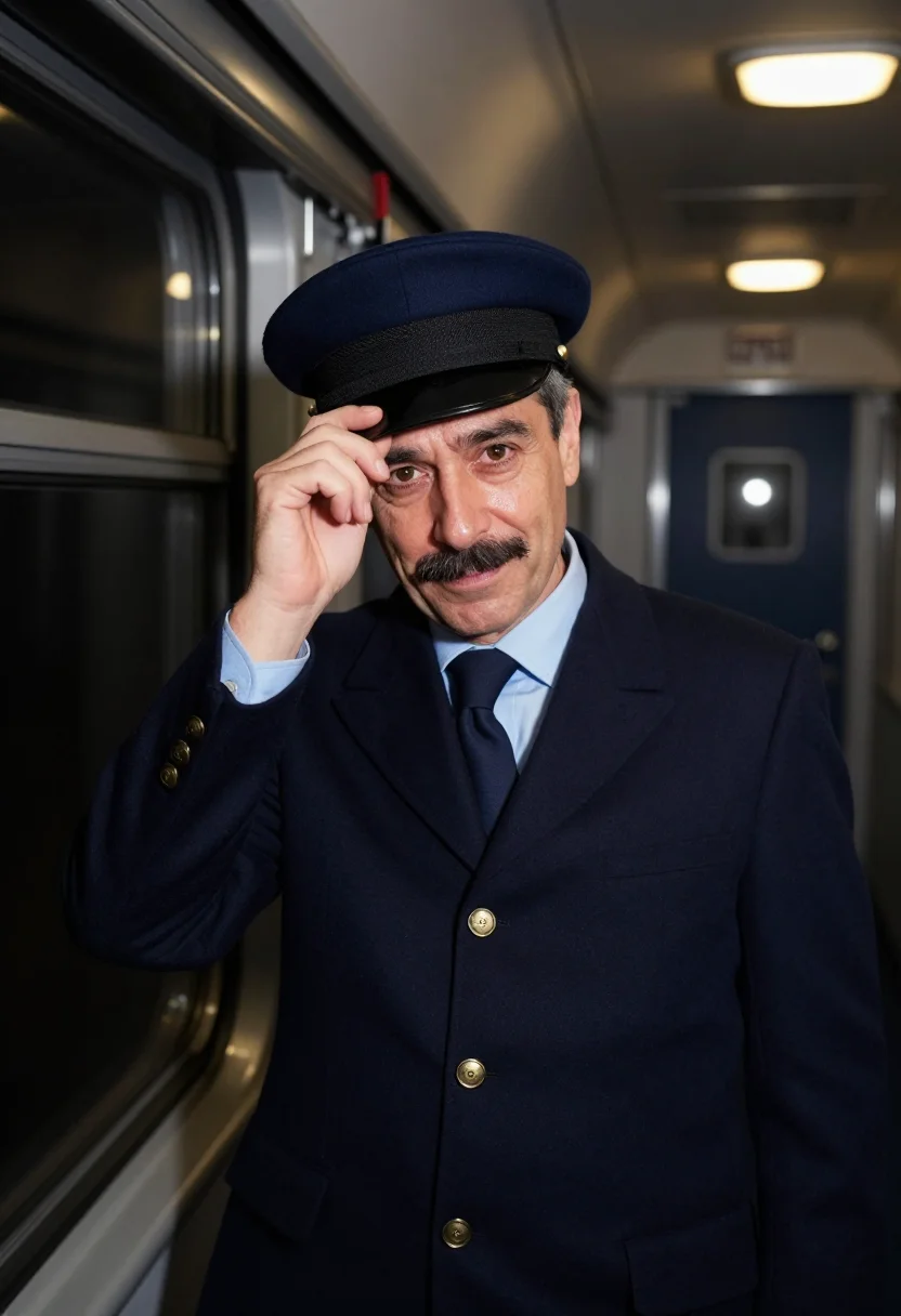 AI train conductor navy cap sample — portrait of a man, framed tight, head and shoulders, the bod