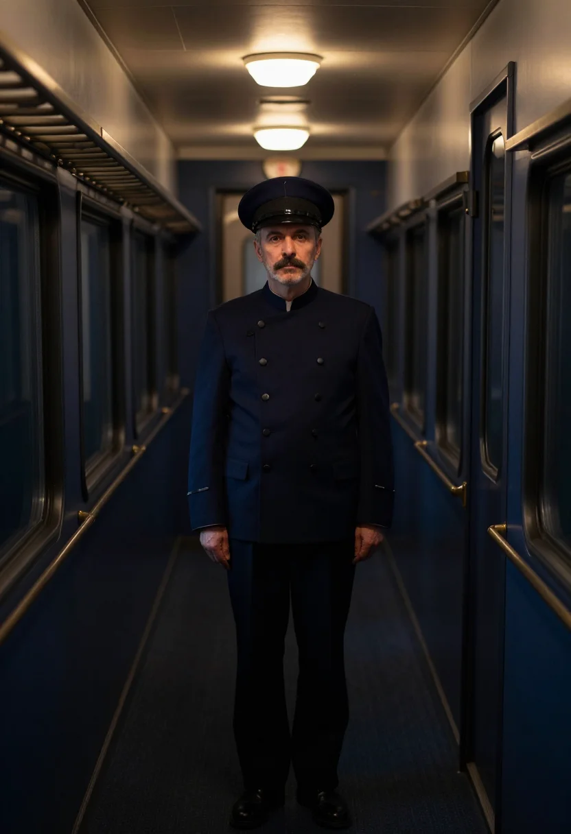 AI train conductor navy cap sample — portrait of a man, framed tight, head and shoulders, the bod