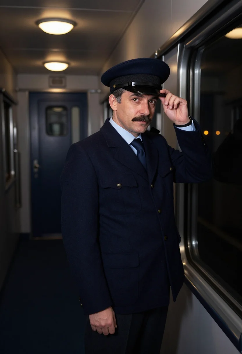 AI train conductor navy cap sample — portrait of a man, framed half-length from the head to the w